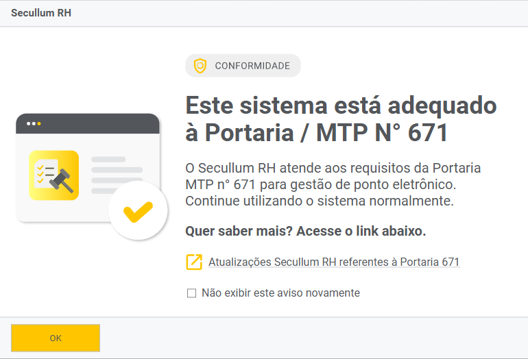 Aviso do Secullum informando que o sistema está adequado à Portaria MTP nº 671