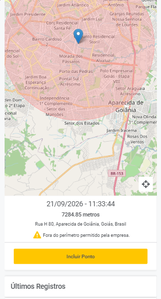 Aplicativo do funcionário mostrando o mapa com o perímetro permitido para registrar o ponto